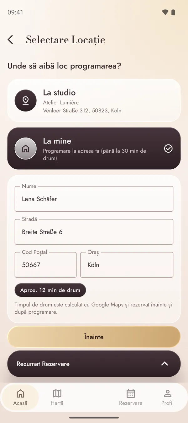 Rezervarea unei programări la adresa ta cu timpul de deplasare calculat
