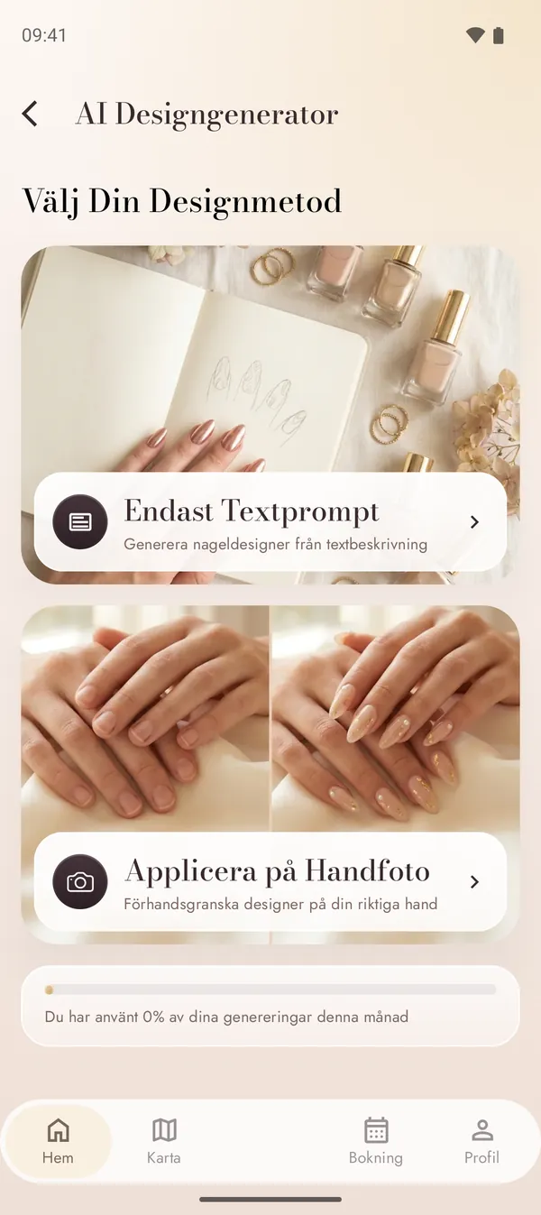 AI-designgenerator med textprompt och handfotoläge