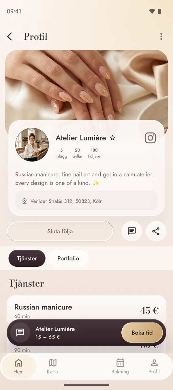 Profil för nagelsalong med behandlingar och priser