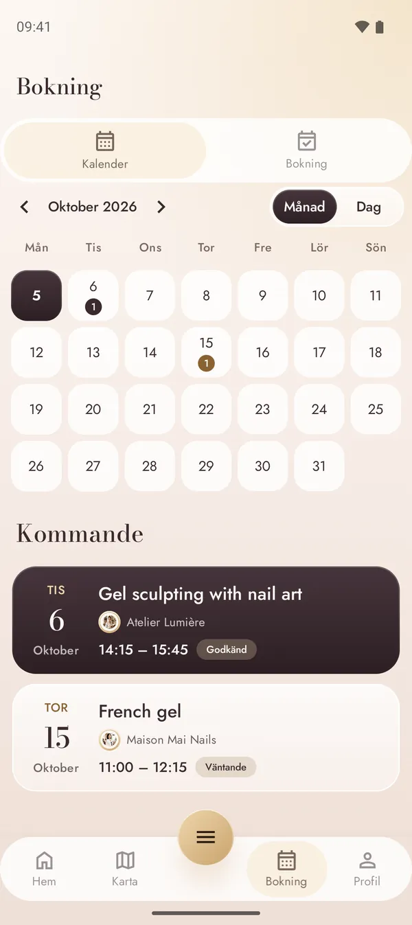 Kalender med kommande tider