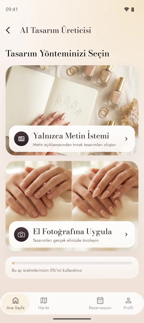 Metin istemi ve el fotoğrafı modlu yapay zekâ tasarım üreticisi