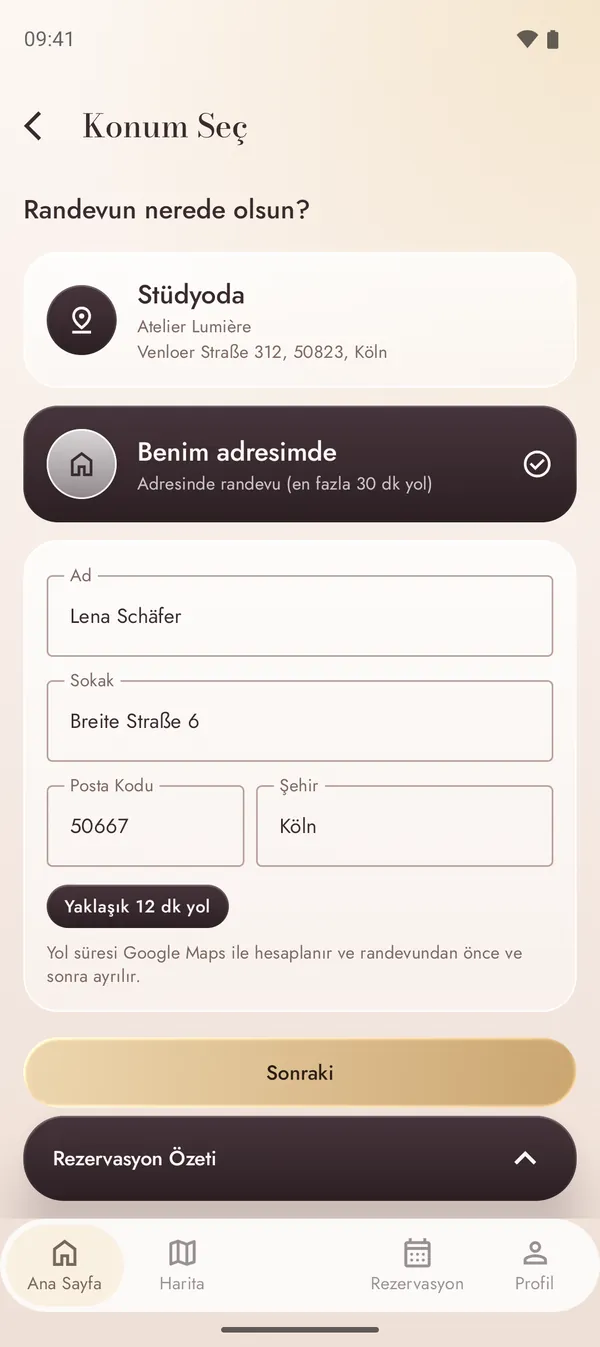 Hesaplanan yol süresiyle adresinde randevu alma