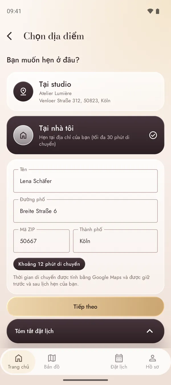 Đặt lịch tại địa chỉ của bạn với thời gian di chuyển đã tính